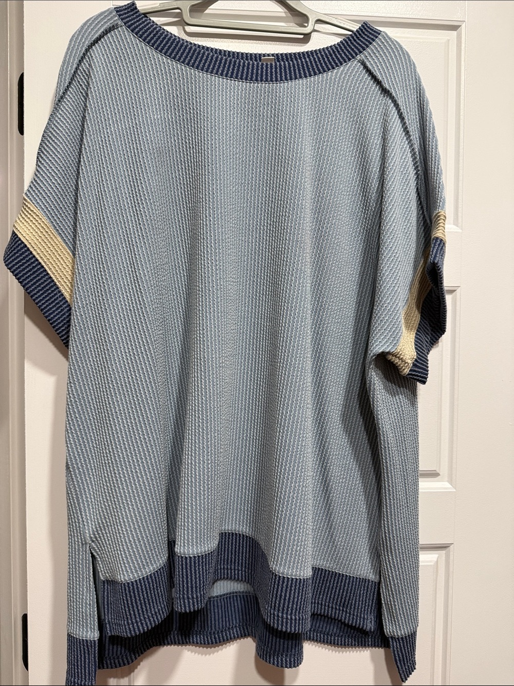 Cato Light Blue Knit Top with Navy Stripe Trim